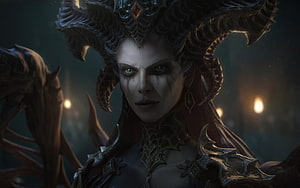 Dark Fantasy Demoness With Horns And Ornate Armor In Dimly Lit Environment HD wallpaper