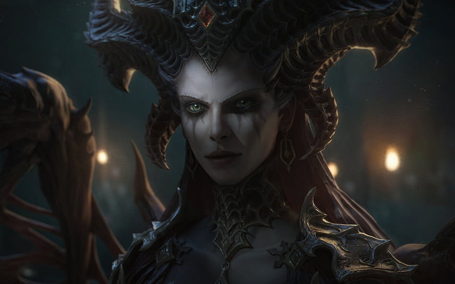 Dark Fantasy Demoness With Horns And Ornate Armor In Dimly Lit Environment HD wallpaper