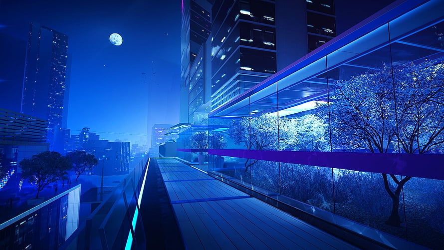 Mirror's Edge Catalyst Futuristic Cityscape with Glass Walkway and Moonlit Sky HD wallpaper