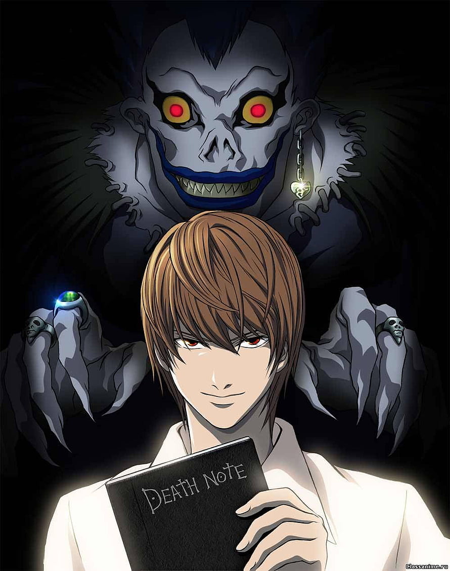 Light Yagami Holding Death Note with Ryuk Looming Behind in Dark Anime Illustration HD phone wallpaper