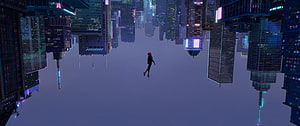 Miles Morales swinging through a neon-lit futuristic cityscape in Spider-Verse style HD wallpaper
