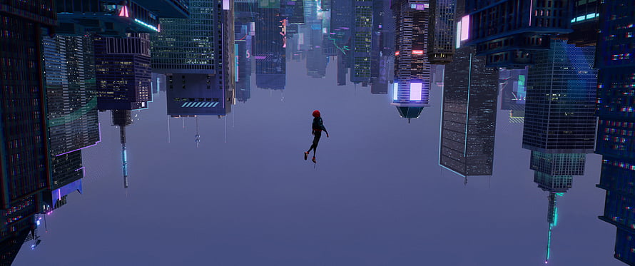 Miles Morales swinging through a neon-lit futuristic cityscape in Spider-Verse style HD wallpaper