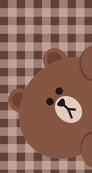 Cute Brown Bear Cartoon on Brown Gingham Check Pattern Background HD phone wallpaper