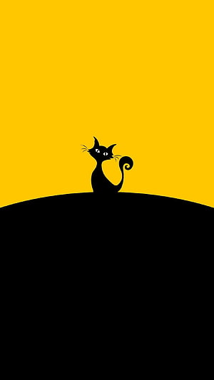 Minimalist Black Cat Silhouette on Yellow Background HD phone wallpaper
