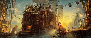 Steampunk Dragon Ship in Asian Cityscape with Golden Light and Industrial Machinery HD wallpaper