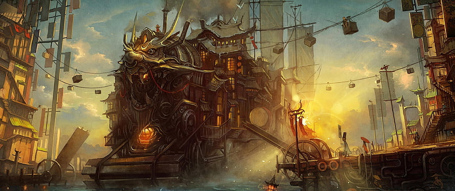 Steampunk Dragon Ship in Asian Cityscape with Golden Light and Industrial Machinery HD wallpaper
