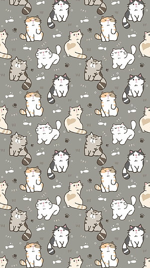 Cute Cartoon Cat Pattern Wallpaper with Fish and Paw Prints on Grey Background HD phone wallpaper