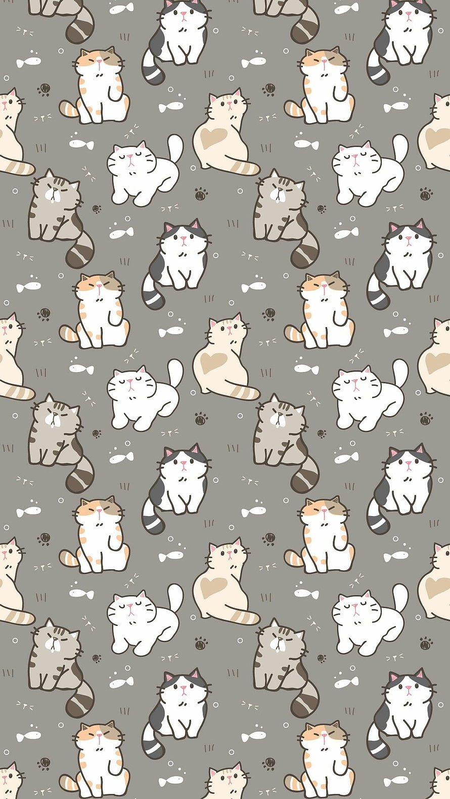 Cute Cartoon Cat Pattern Wallpaper with Fish and Paw Prints on Grey Background HD phone wallpaper