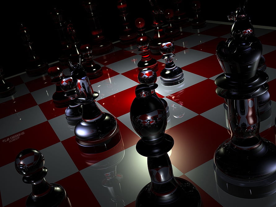 Glossy Black Chess Pieces on a Red and White Checkered Board HD wallpaper