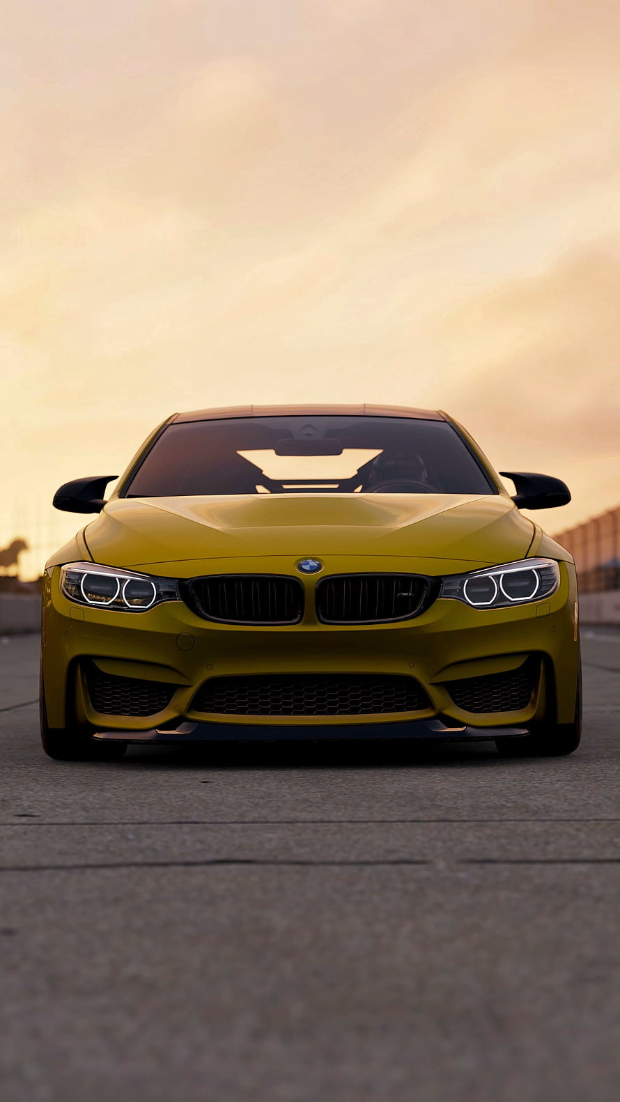 Yellow BMW M4 Competition Coupe Front View at Sunset HD phone wallpaper