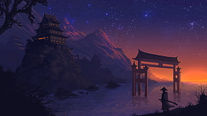 Silhouette of a Samurai Standing by a Torii Gate at Sunset with Castle on Cliff HD wallpaper