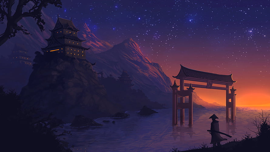 Silhouette of a Samurai Standing by a Torii Gate at Sunset with Castle on Cliff HD wallpaper