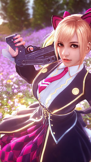 Blonde Anime Girl in Military Uniform Holding Pistol in Lavender Field HD phone wallpaper