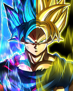 Son Goku Split Portrait in Super Saiyan Blue and Golden Forms HD phone wallpaper