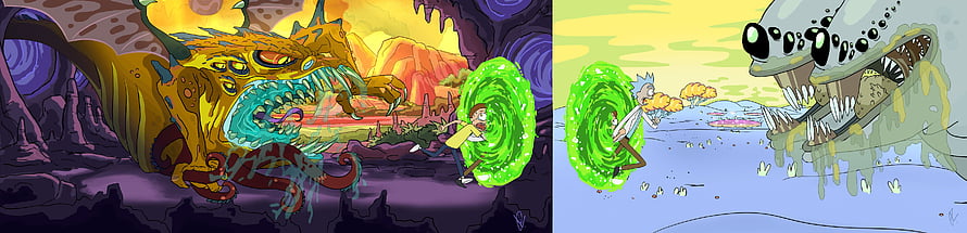 Rick and Morty Animated Monster Battle Scene with Green Portal Effects HD wallpaper