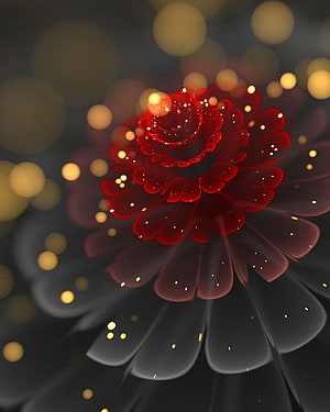 Glowing Red Fractal Flower with Golden Bokeh Lights on Dark Background HD phone wallpaper