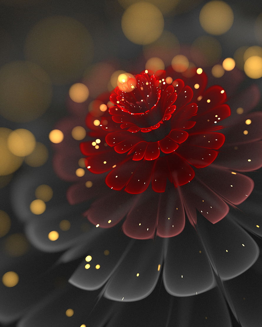 Glowing Red Fractal Flower with Golden Bokeh Lights on Dark Background HD phone wallpaper