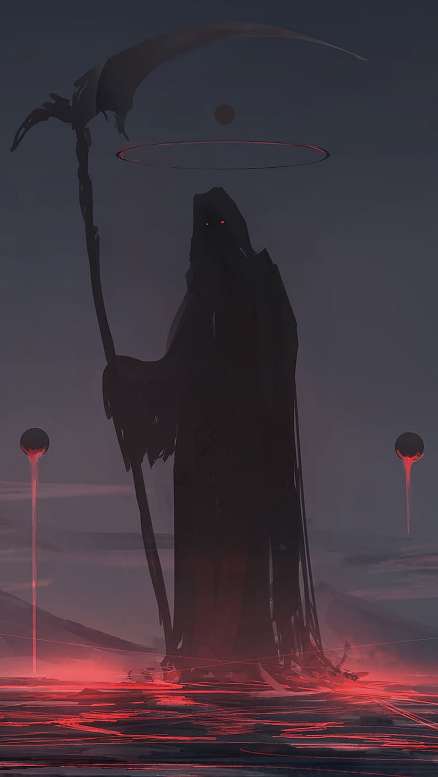 Dark Grim Reaper Silhouette with Scythe and Glowing Red Eyes in Eerie Landscape HD phone wallpaper