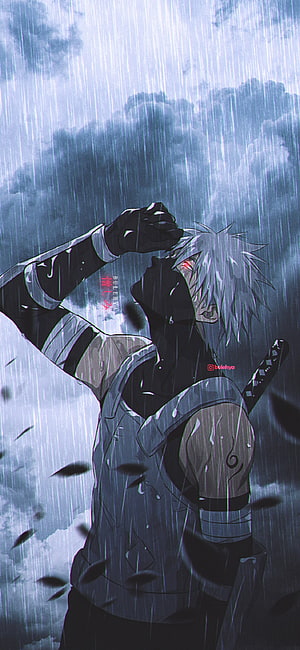 Kakashi Hatake anime character standing in heavy rain with sword on back HD phone wallpaper