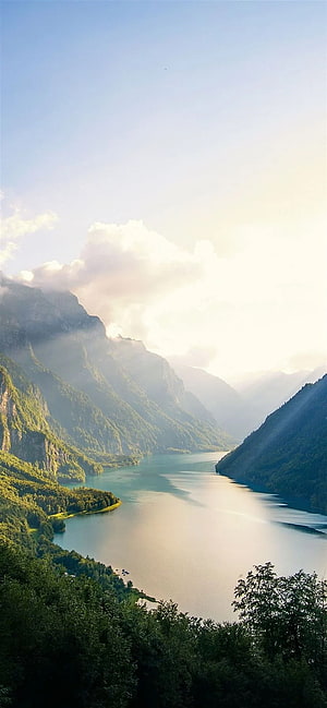 Serene Mountain Lake Valley With Sunbeams And Misty Forests HD phone wallpaper