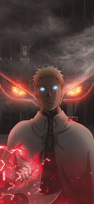 Naruto Uzumaki wielding red chakra with glowing Kurama eyes in dark anime wallpaper HD phone wallpaper