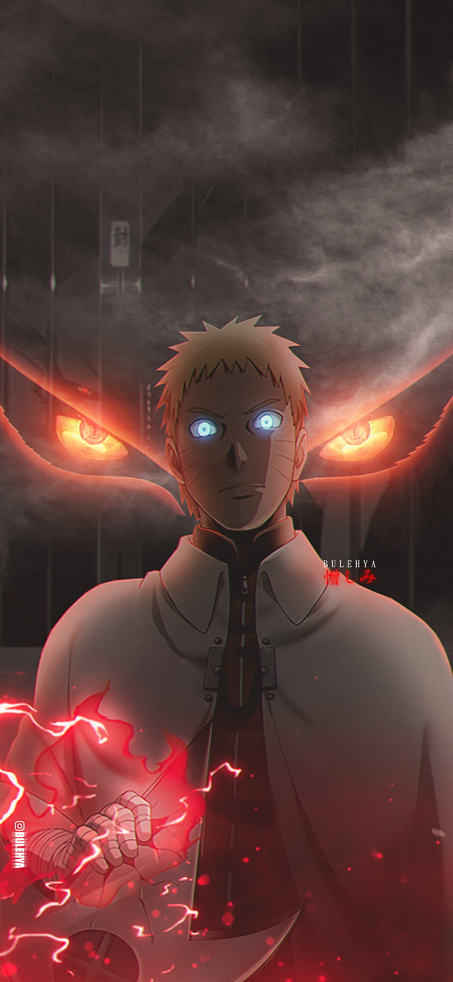 Naruto Uzumaki wielding red chakra with glowing Kurama eyes in dark anime wallpaper HD phone wallpaper