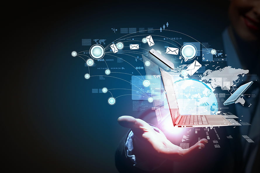 Businessman Holding Futuristic Laptop With Global Network And Communication Icons, Information Technology - Technology News - -, Technology World HD wallpaper