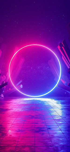 Vibrant Neon Ring Over Retro Grid Floor in Futuristic Sci-Fi Landscape HD phone wallpaper