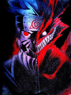 Naruto and Kurama Nine-Tails Split Portrait in Dark Colored Pencil Style HD phone wallpaper