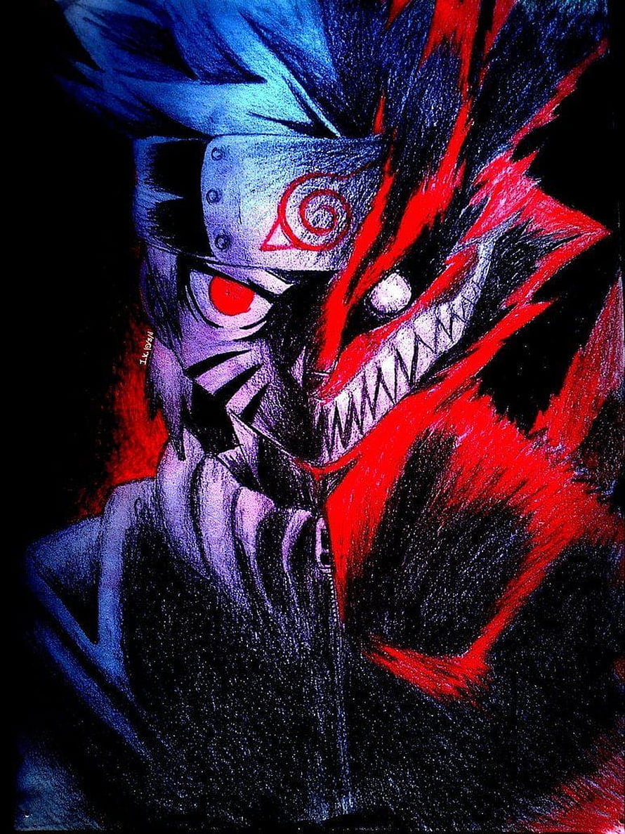Naruto and Kurama Nine-Tails Split Portrait in Dark Colored Pencil Style HD phone wallpaper