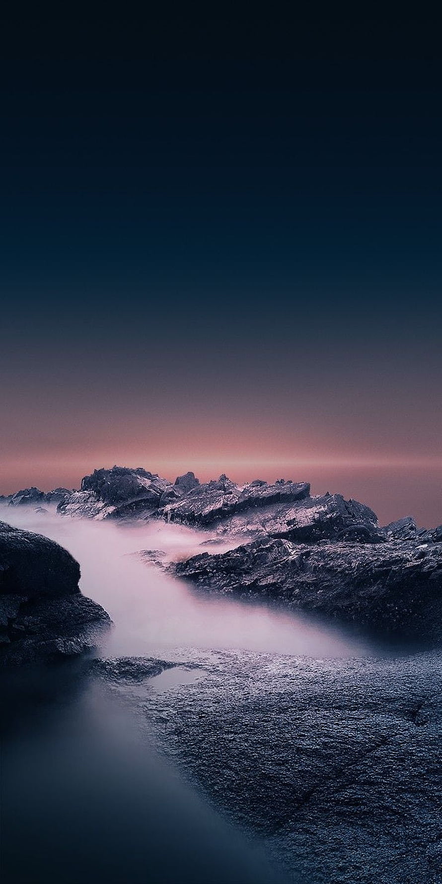 Misty Rocky Mountain Landscape at Twilight with Soft Pink and Blue Sky Gradient HD phone wallpaper