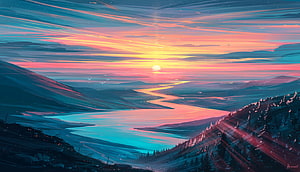 Vivid Digital Art of a Winding River at Sunrise Through a Mountain Valley HD wallpaper