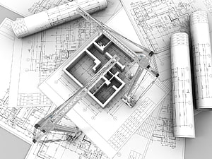 3D Architectural Blueprint with Construction Crane and Building Model on Technical Drawings HD wallpaper