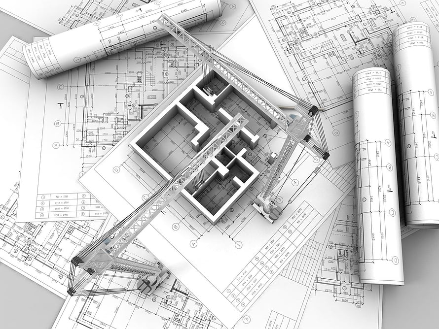 3D Architectural Blueprint with Construction Crane and Building Model on Technical Drawings HD wallpaper