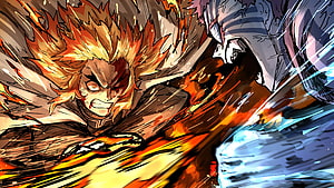 Demon Slayer Mugen Train: Rengoku and Akaza Clash in Intense Fire and Ice Battle HD wallpaper