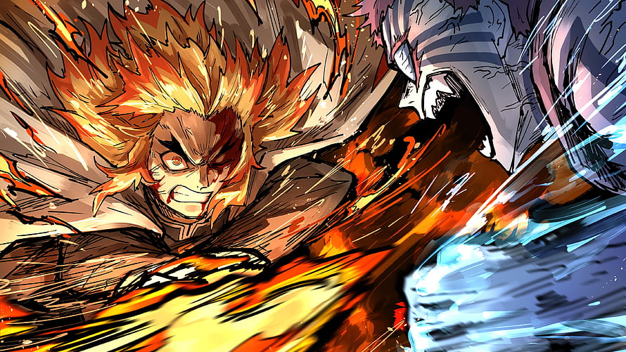 Demon Slayer Mugen Train: Rengoku and Akaza Clash in Intense Fire and Ice Battle HD wallpaper