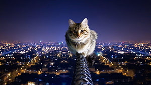 Fluffy Tabby Cat Perched on a Rooftop Spire Over a Glowing City at Night HD wallpaper