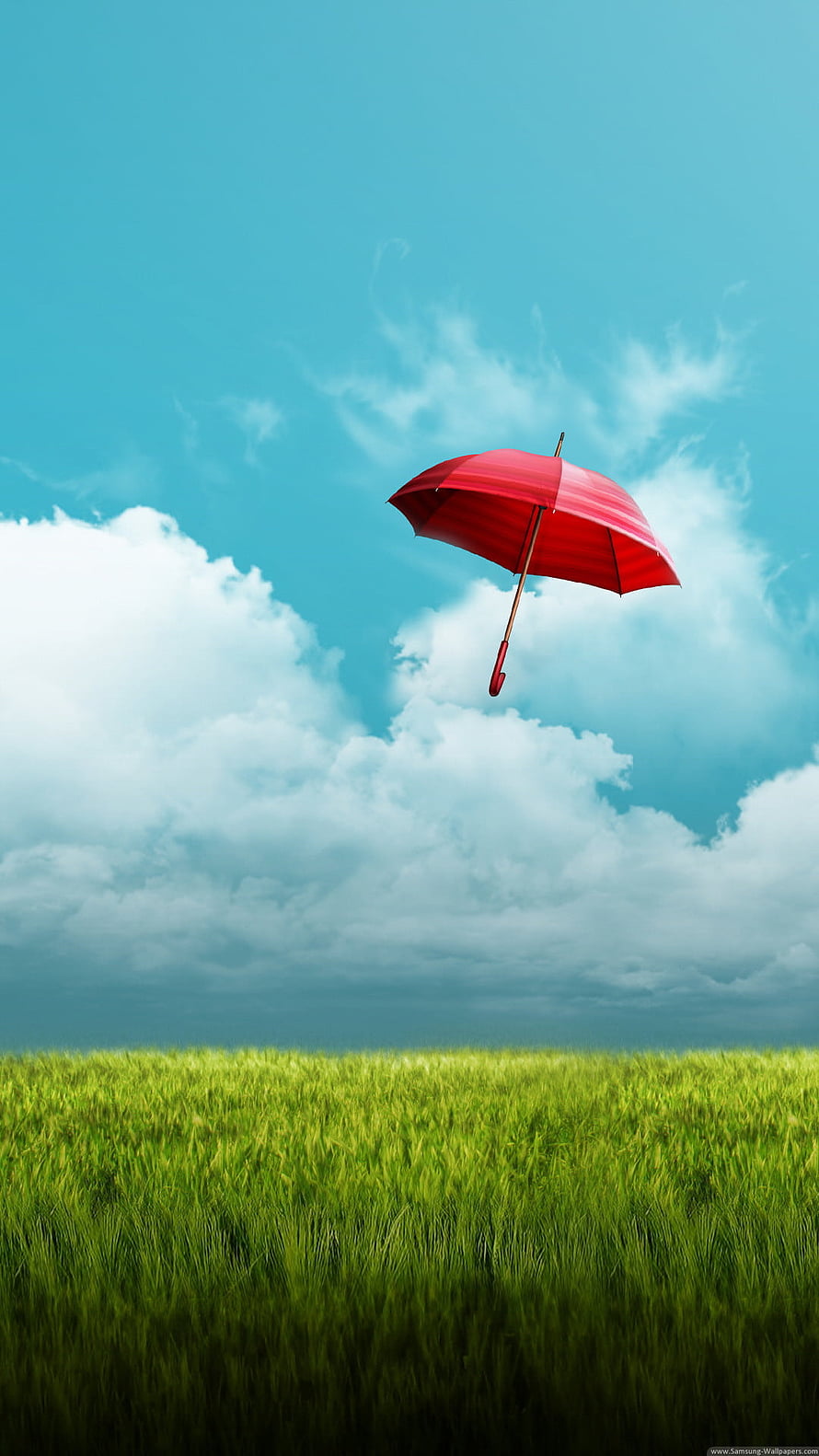 Red Umbrella Floating Above Green Grass Field Under Blue Sky HD phone wallpaper