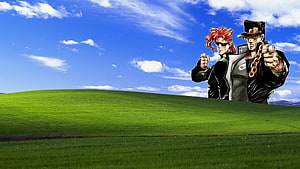 Jotaro Kujo and Josuke Higashikata from JoJo's Bizarre Adventure on the iconic Windows XP Bliss desktop background HD wallpaper