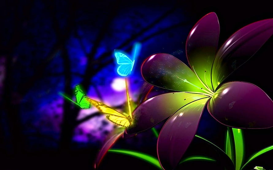 Glowing Neon Plumeria Flower with Luminous Butterflies in a Dark Fantasy Forest HD wallpaper