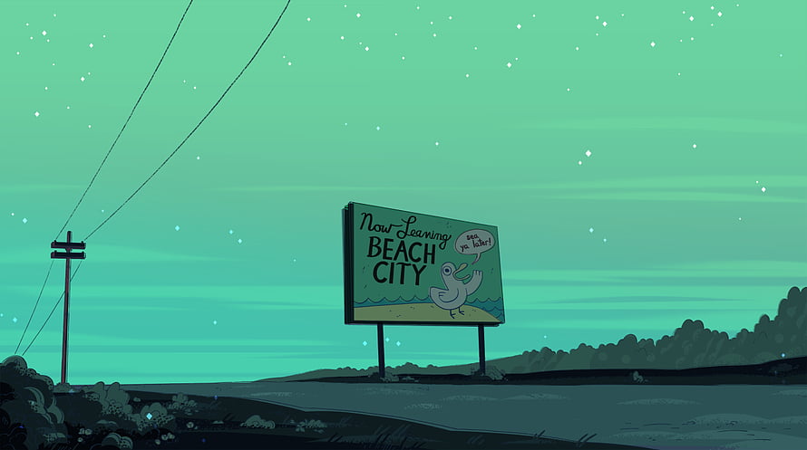 Beach City Billboard Under a Starry Green Night Sky HD wallpaper
