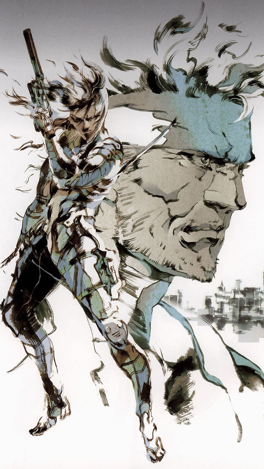 Metal Gear Solid 1 Concept Art Featuring Solid Snake and Big Boss in Ink Wash Style HD phone wallpaper