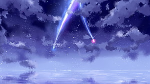 Your Name Anime Meteor Shower Over Calm Ocean at Night HD wallpaper