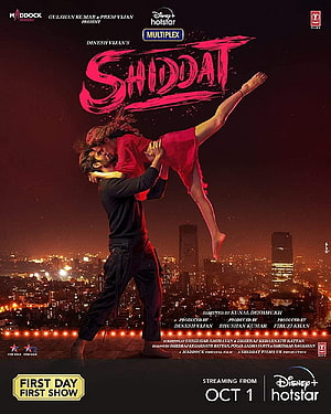 Shiddat movie poster featuring a couple in a dramatic dance lift against a city skyline at night HD phone wallpaper