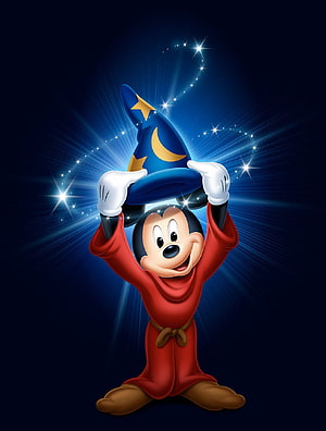 Sorcerer Mickey Mouse in Red Robe and Blue Wizard Hat with Stars and Moon HD phone wallpaper