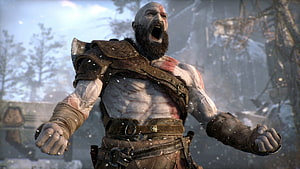 Kratos Roaring in Snowy Forest from God of War Ragnarok HD wallpaper