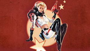 Nuka Cola Girl in Retro Space Suit Holding Bottle Against Starburst Background HD wallpaper