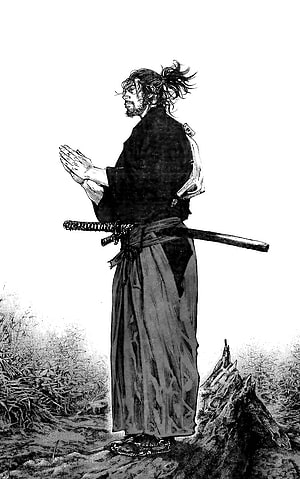 Miyamoto Musashi in Traditional Japanese Attire with Katana and Prayer Pose HD phone wallpaper