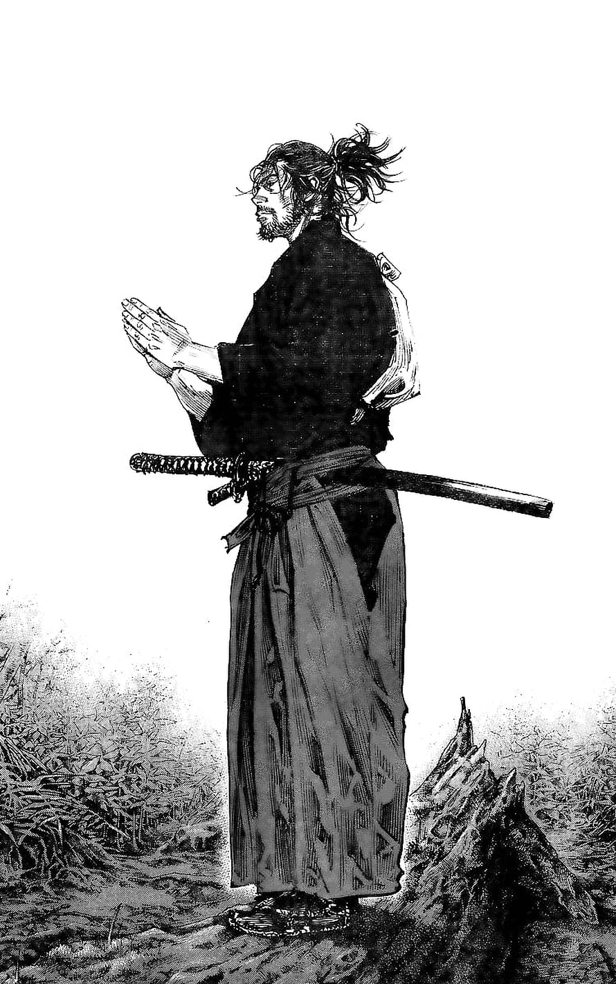 Miyamoto Musashi in Traditional Japanese Attire with Katana and Prayer Pose HD phone wallpaper