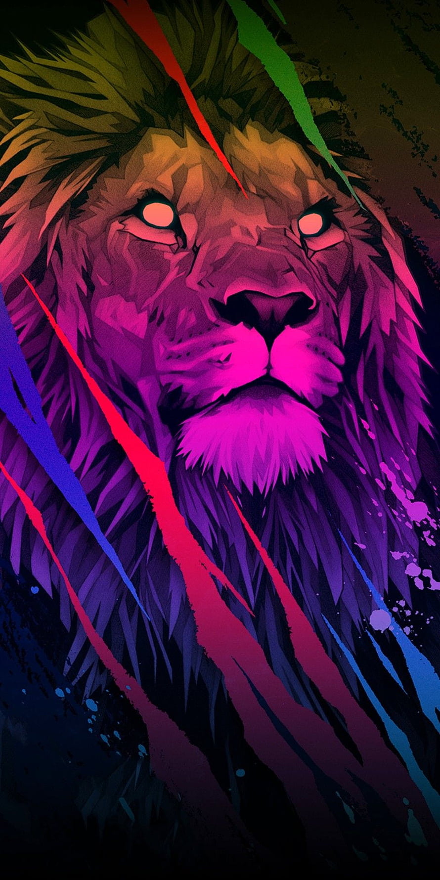 Vibrant Neon Lion Portrait With Glowing Eyes And Colorful Abstract Strokes HD phone wallpaper